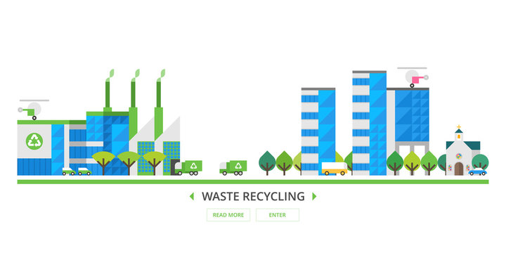 Waste recycling. Factory recycling plant. Modern city.