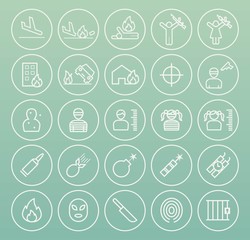 Set of Quality Universal Standard Minimal Simple Terrorism White Thin Line Icons on Circular Buttons on Color Background