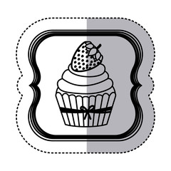 black contour silhouette sticker with cupcake with strawberry in frame vector illustration