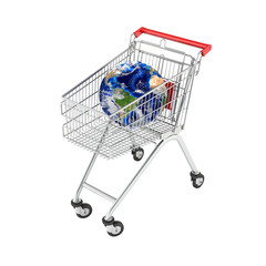 Shopping trolley globe concept supermarket shopping cart with gl