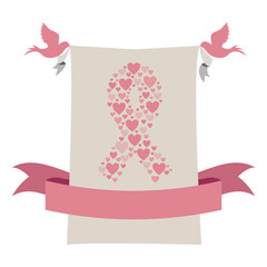 gray background with ribbon pink symbol of breast cancer with hearts and pigeons vector illustration