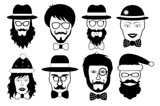 set face fake person, hipster head silhouette isolated, vector illustration