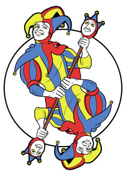 Reversible Joker displayed inside a circle. He holds a strange scepter with both his. Red, yellow, blue and white are the main colours of this illustration. 