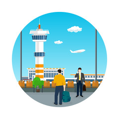 Icon Airport , View on Control Tower through the Window from a Waiting Room with People , Travel and Tourism Concept, Flat Design, Vector Illustration