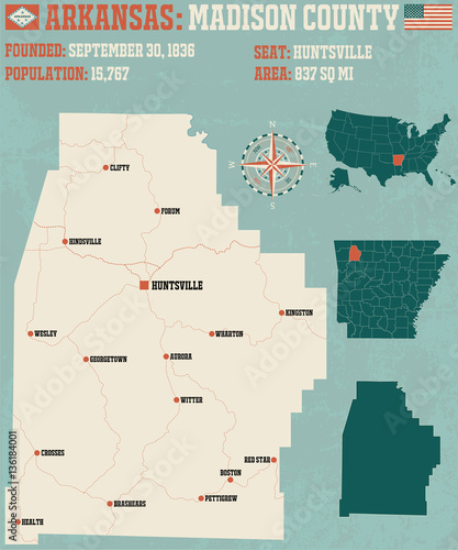 "Large and detailed map of Madison County in Arkansas." Stock image and