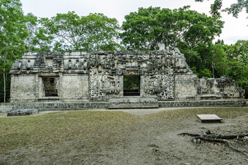 sight of the front of the house of the mouth of the snake in the archaeological place of Chicanna, in the reservation of the biosphere of Calakmul, Campeche, Mexico.