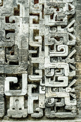 Mayan reliefs in the front of the house of the mouth of the snake in the archaeological place of Chicanna, in the reservation of the biosphere of Calakmul, Campeche, Mexico.