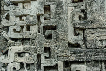 Mayan reliefs in the front of the house of the mouth of the snake in the archaeological place of Chicanna, in the reservation of the biosphere of Calakmul, Campeche, Mexico.