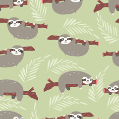 Seamless pattern with cute jungle sloths on green background
