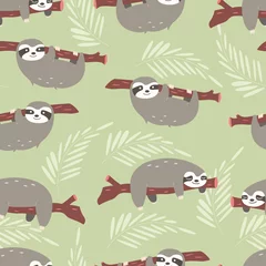 Wallpaper murals Sloths Seamless pattern with cute jungle sloths on green background