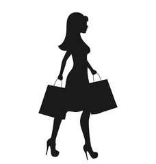 Black Icon Shopping Woman Silhouette with Bags Isolated on White
