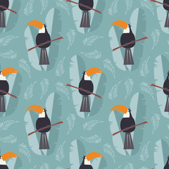 Seamless pattern with cute jungle parrot toucan on blue background