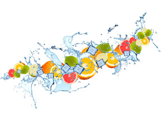 Splash with grapefruits, lime, orange isolated on white background. Abstract water with fresh fruits. 