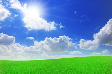 landscape green grass or meadow with white cloud and sunlight be