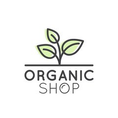 Vector Simple Icon Style Illustration Logo for Organic Shop or Market, Minimal Simple Badge with Leafs, Tree, Field and Herbs