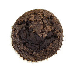 Top view of a double chocolate muffin isolated on a white background.