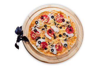 pizza on round wooden plates on a white background