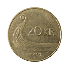 20 norwegian krone coin (1994) obverse isolated on white backgro