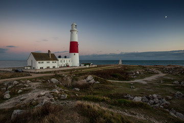 Portland Bill lighthouse at sunset in Dorset, England