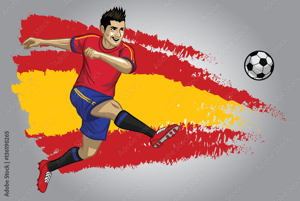 Wall mural Spain soccer player with flag as a background