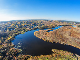 Aerial view of the river Mologa and Maksatikha village.