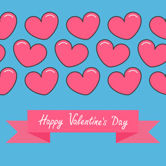 Pink contour line heart and ribbon. Print poster. Happy Valentines day text. Greeting card. Flat design. Blue background. Isolated. Cute decoration element.