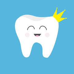 Tooth health icon wearing crown. Cute funny cartoon smiling character. King queen prince princess Oral dental hygiene. Children teeth care. Baby background. Flat design.