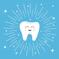 Healthy tooth icon with smiling face. Cute cartoon character. Round line circle. Oral dental hygiene. Children teeth care. Shining effect stars. Blue background. Flat design.