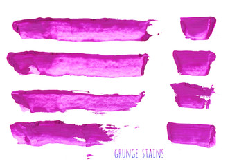 Set of magenta, purple, pink, lilac watercolor hand painting brush stroke textures. Collection of grunge stains, splash, spots isolated on white background. Gouache, acrylic art abstract illustration
