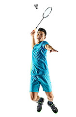 one asian badminton player man isolated on white background - obrazy, fototapety, plakaty