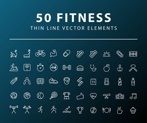 Set of 50 Minimal Thin Line Fitness Icons on Dark Background. Isolated Vector Elements