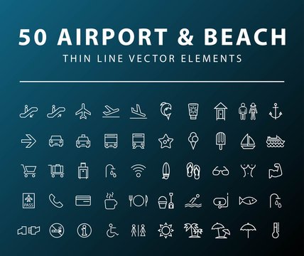 Set of 50 Minimal Thin Line Airport and Beach Icons on Dark Background. Isolated Vector Elements