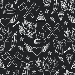 Vintage tattoo seamless vector pattern. Hand drawn old school  background