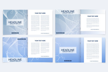 Templates for square brochure. Leaflet cover presentation. Business, science, technology design book layout. Scientific molecule background
