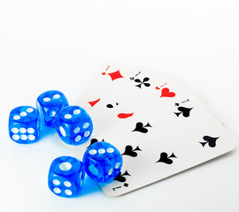 blue dices and cards on white background