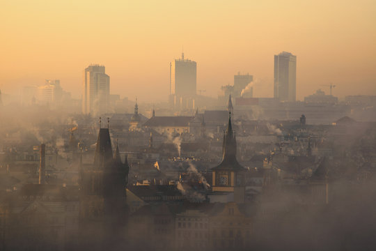 Amazing Prague foggy sunrise, Czech republic