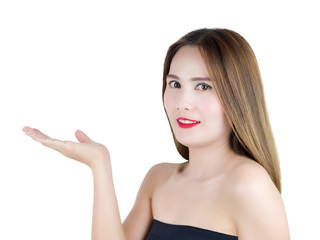 asian beautiful woman open the palm of the hand, isolated on white background. Product offerings concept.