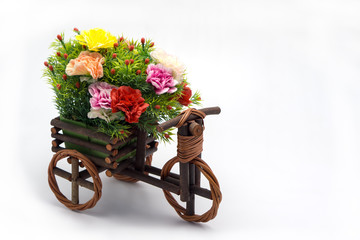 Artificial flowers and plants in wood work on white background.