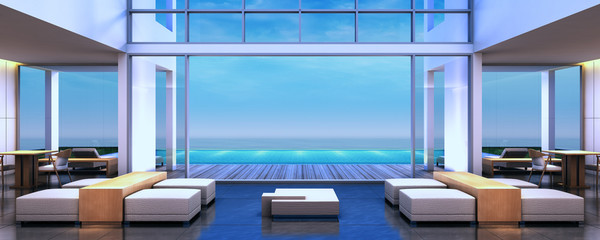 3d rendering Beach Villa Lobby and Living area sea view - obrazy, fototapety, plakaty