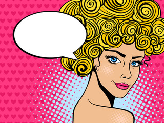 Pop art female face. Sexy young woman with blonde curly hair, smile watching from behind and empty speech bubble on halftone hearts background. Vector bright illustration in pop art retro comic style.