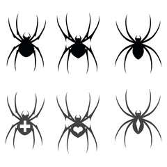 Set of vector black silhouette spider icon isolated on white background.