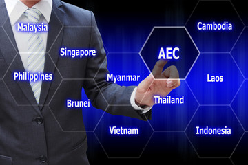 Businessman hand touching virtual panel of AEC (Asean Economics