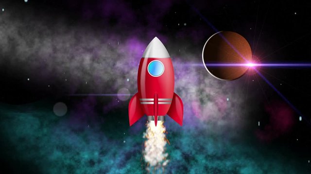 Animation cartoon rocket flying to the planet Mars. 4K UHD animated video seamless loop.