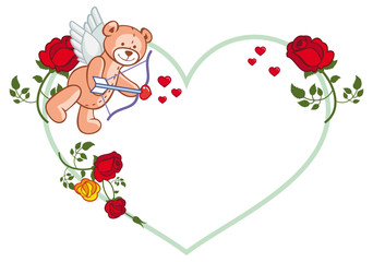 Heart-shaped frame with roses and teddy bear