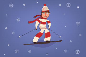 Cartoon skier with a smile. Winter sport. Background of snowflakes. Comic boy