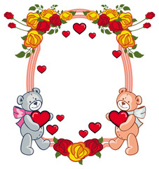 Obraz na płótnie Canvas Oval frame with roses and two teddy bears holding heart. 
