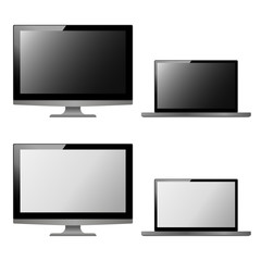 3d monitor and open laptop template set. realistic Personal computer monitors and laptop mockup with white and black screen isolated on the white background. Eps 10 vector illustration