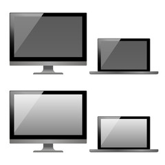 3d monitor and open laptop template set. realistic Personal computer monitors and laptop mockup with white and black screen isolated on the white background. Eps 10 vector illustration