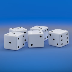 White dice on a blue background. 3D rendering