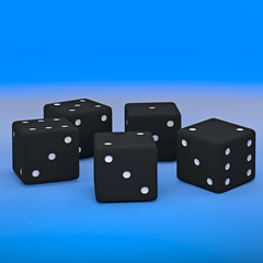 Black dice on a blue background. 3D rendering